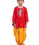 cotton 3/4sleeves krishna printed kurta with dhoti - red & yellow