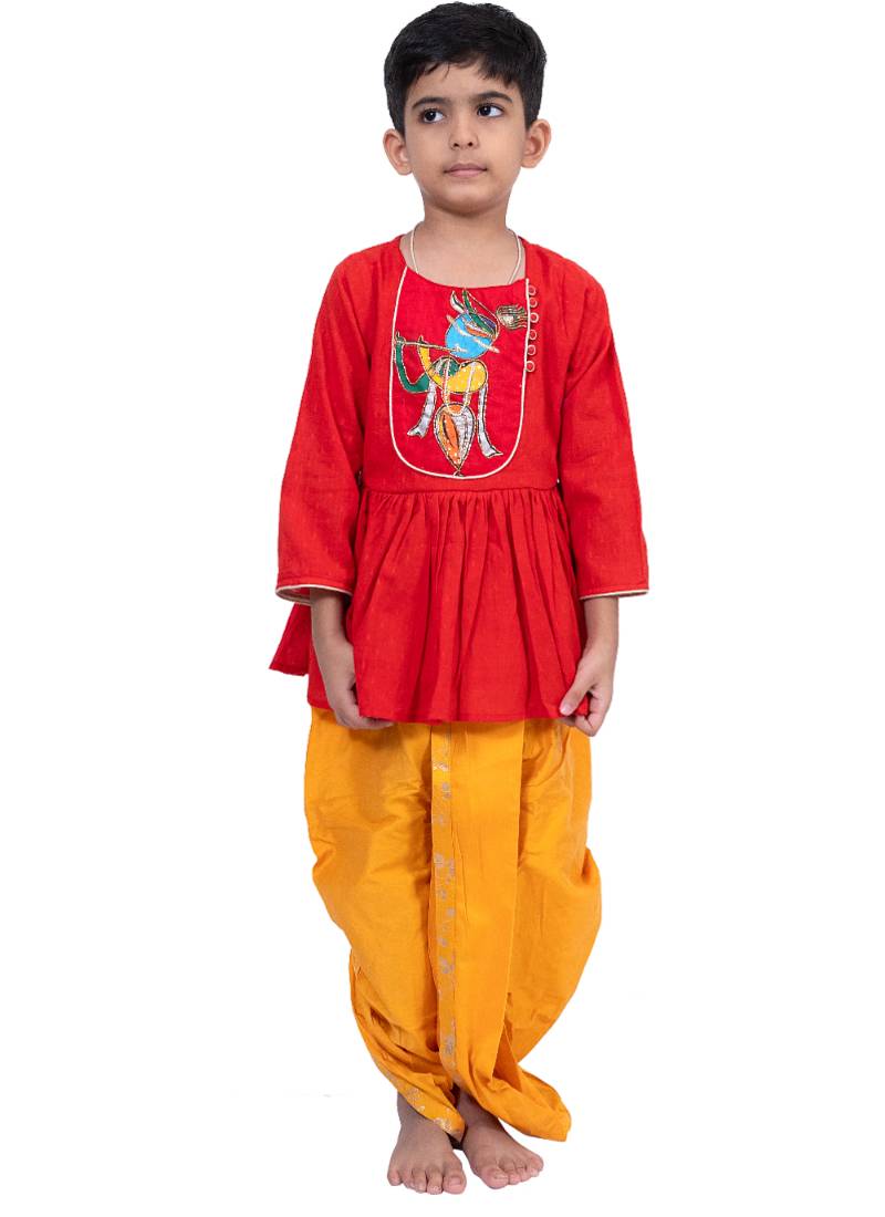 cotton 3/4sleeves krishna printed kurta with dhoti - red & yellow