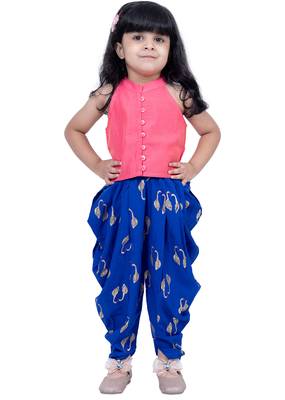 sleevless incut potali button top with dhoti - coral & blue 1