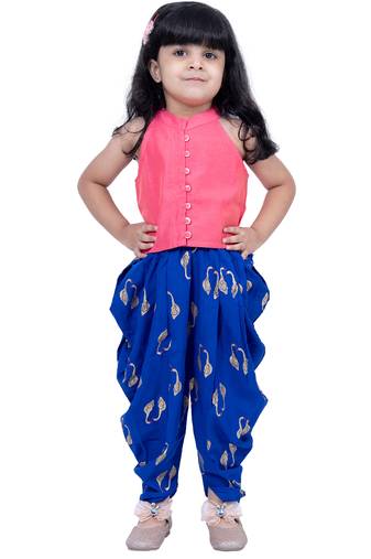 sleevless incut potali button top with dhoti - coral & blue