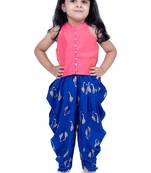 sleevless incut potali button top with dhoti - coral & blue