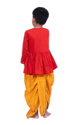 cotton 3/4sleeves krishna printed kurta with dhoti - red & yellow 2