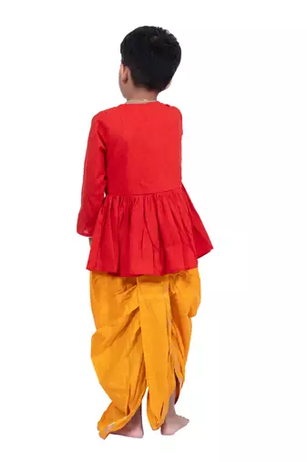 cotton 3/4sleeves krishna printed kurta with dhoti - red & yellow
