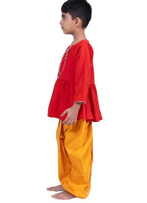 cotton 3/4sleeves krishna printed kurta with dhoti - red & yellow 4