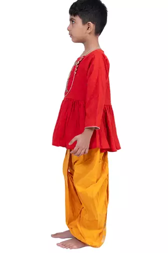 cotton 3/4sleeves krishna printed kurta with dhoti - red & yellow