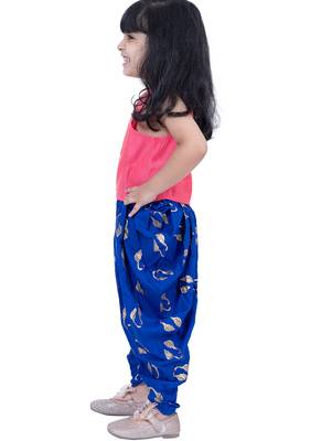 sleevless incut potali button top with dhoti - coral & blue 4