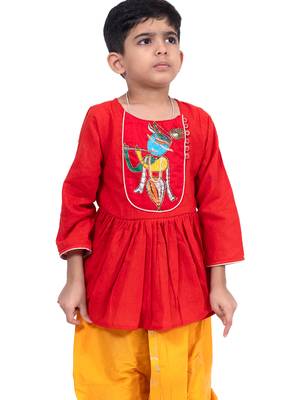 cotton 3/4sleeves krishna printed kurta with dhoti - red & yellow 5