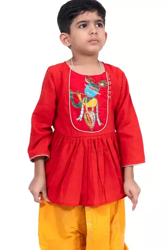 cotton 3/4sleeves krishna printed kurta with dhoti - red & yellow