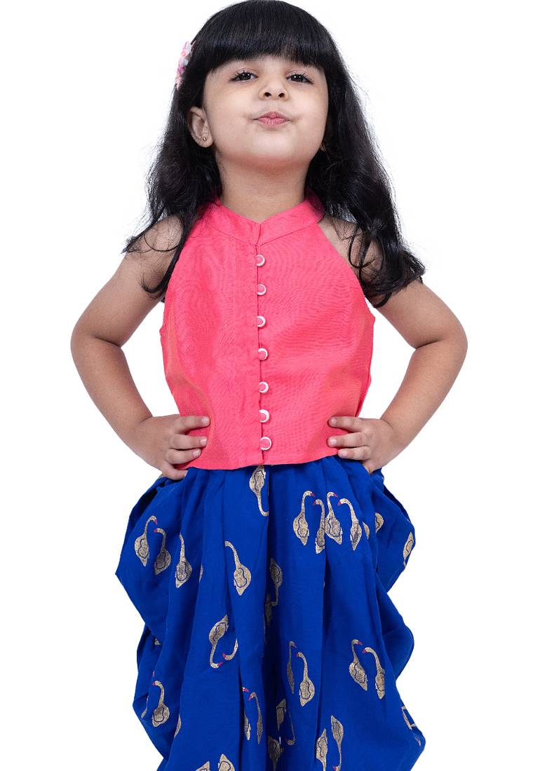 sleevless incut potali button top with dhoti - coral & blue