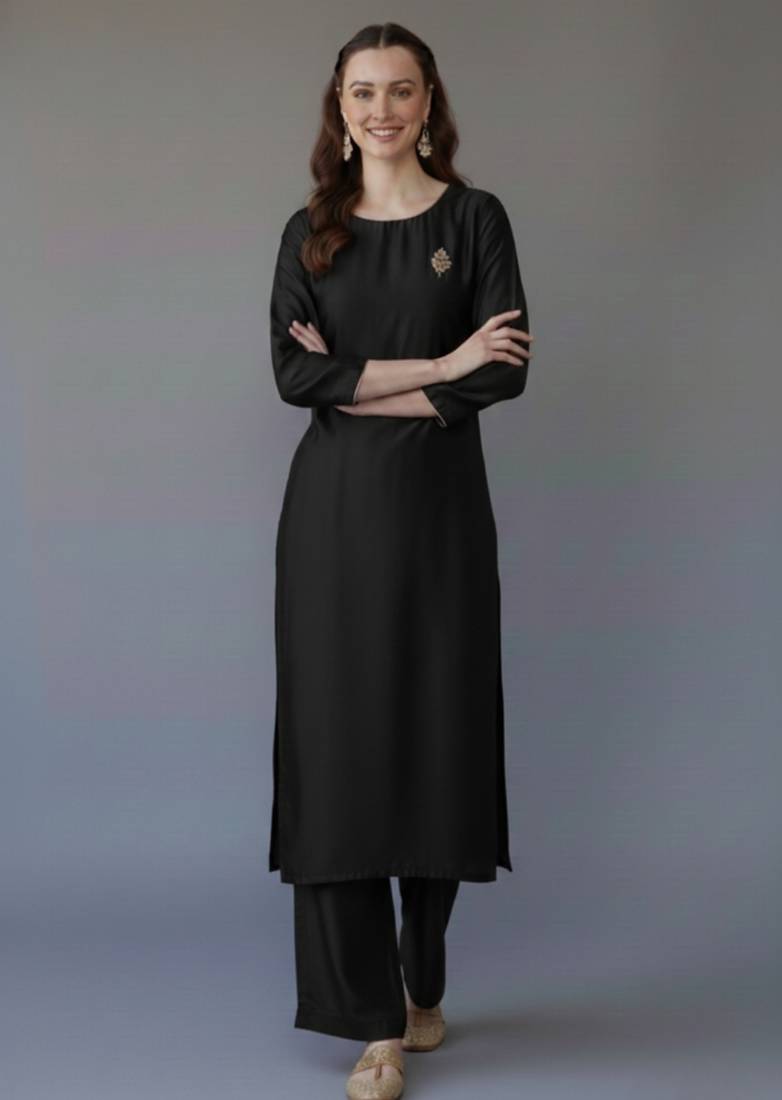 Black embroidered rayon kurta set