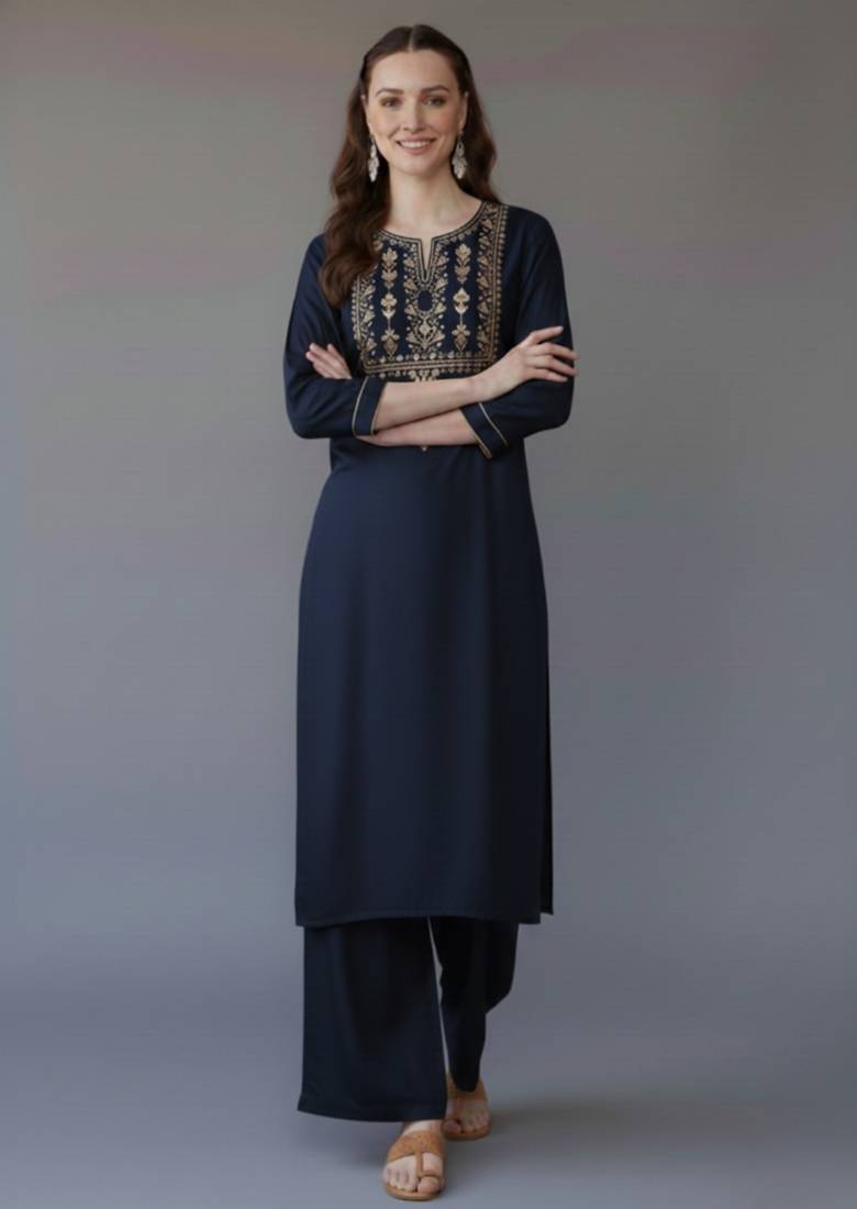 Navy embroidered rayon kurta set