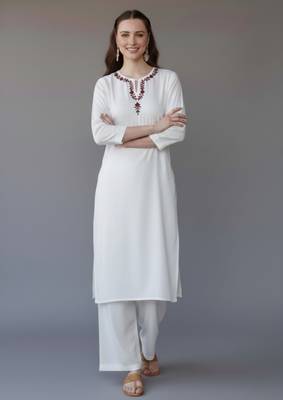 White embroidered rayon kurta set 3