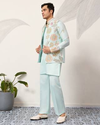 PISTA GREEN SATIN SILK THEAD WITH SEQUINS EMBROIDERED WORK WEDDING FUNCTION FESTIVAL PARTY WEAR STRAIGHT KURTA PANT KOTI 7