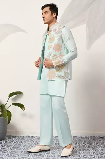 PISTA GREEN SATIN SILK THEAD WITH SEQUINS EMBROIDERED WORK WEDDING FUNCTION FESTIVAL PARTY WEAR STRAIGHT KURTA PANT KOTI