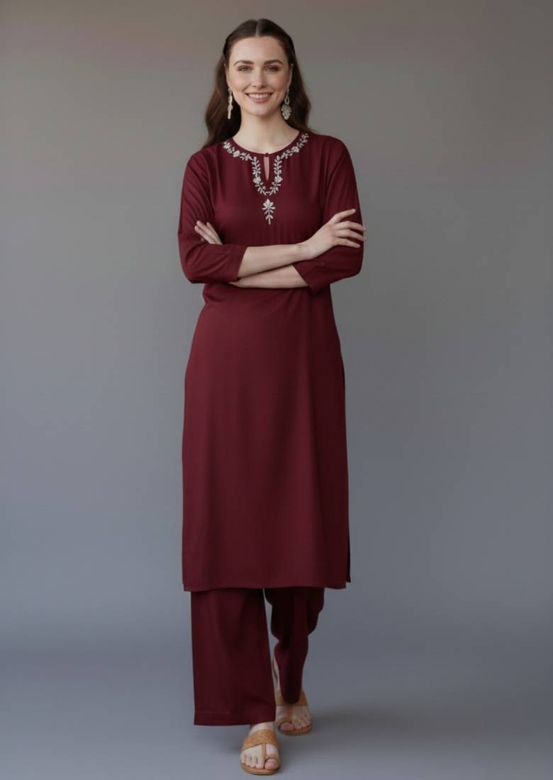 Maroon embroidered rayon kurta set