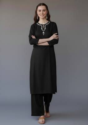 Black embroidered rayon kurta set 3