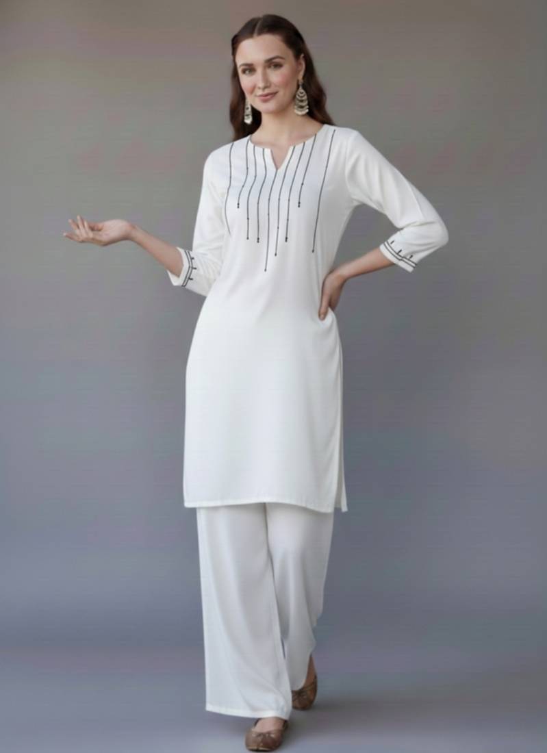 White embroidered rayon kurta set