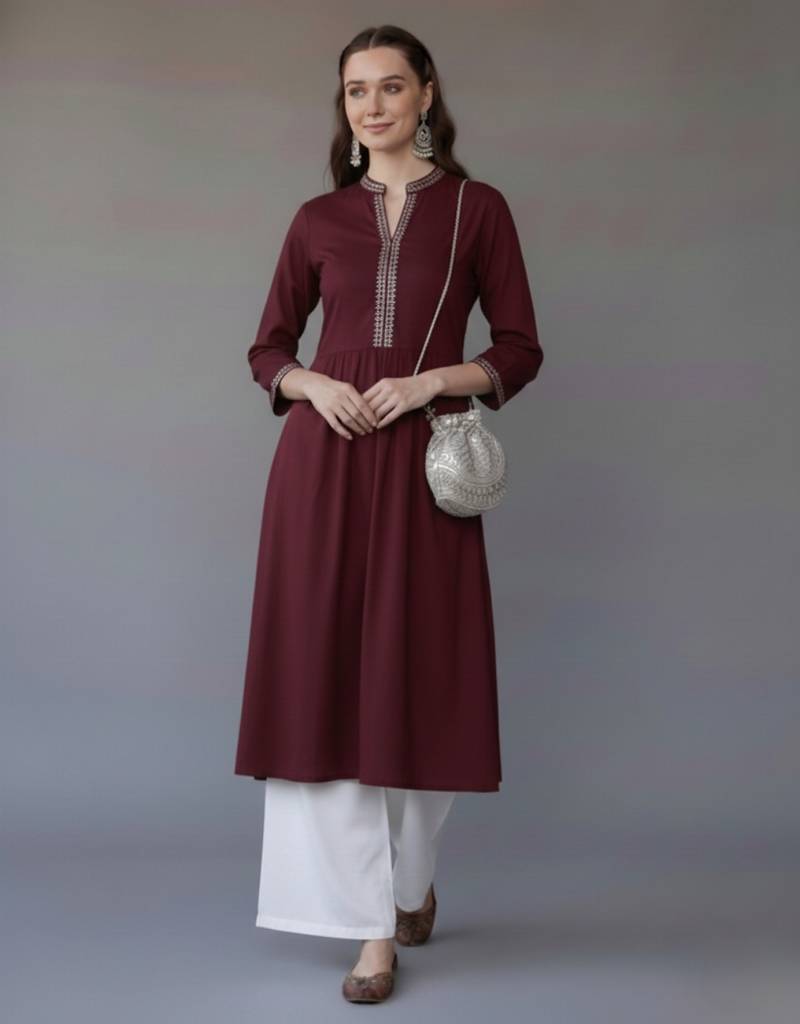 Maroon embroidered rayon kurta set
