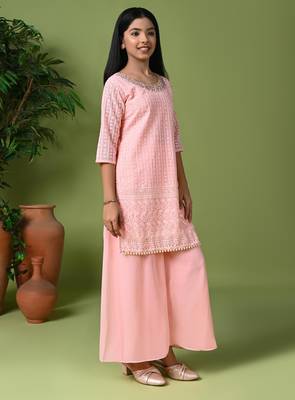 pink embroidered georgette kurta palazzo set 2