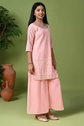 pink embroidered georgette kurta palazzo set