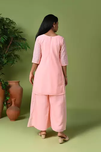 pink embroidered georgette kurta palazzo set