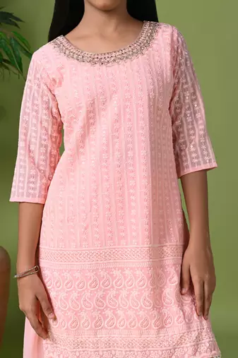 pink embroidered georgette kurta palazzo set
