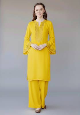Yellow embroidered rayon kurta set 3
