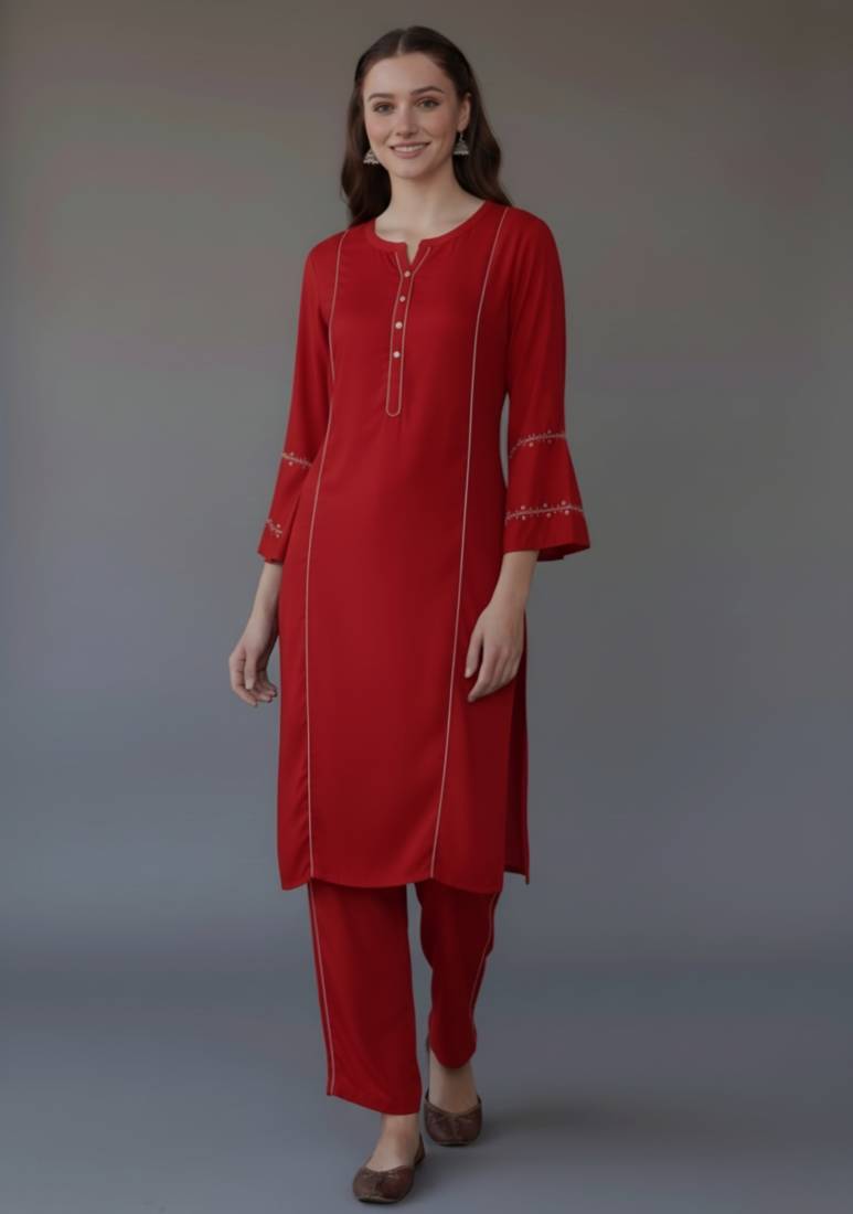 Red embroidered rayon kurta set