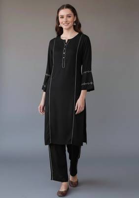 Black embroidered rayon kurta set 3