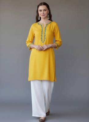 Yellow embroidered rayon kurta set 3