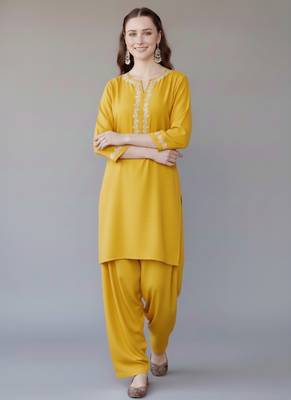 Yellow embroidered rayon kurta set 3