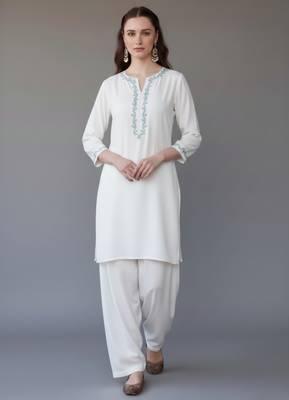 White  embroidered rayon kurta set 3