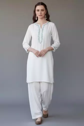 White  embroidered rayon kurta set