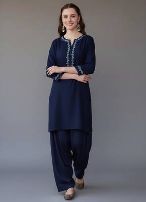 Navy embroidered rayon kurta set 3