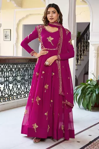 Pink Anarkali Set with Thread & Sequins Embroidery