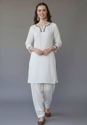 White embroidered rayon kurta set 3