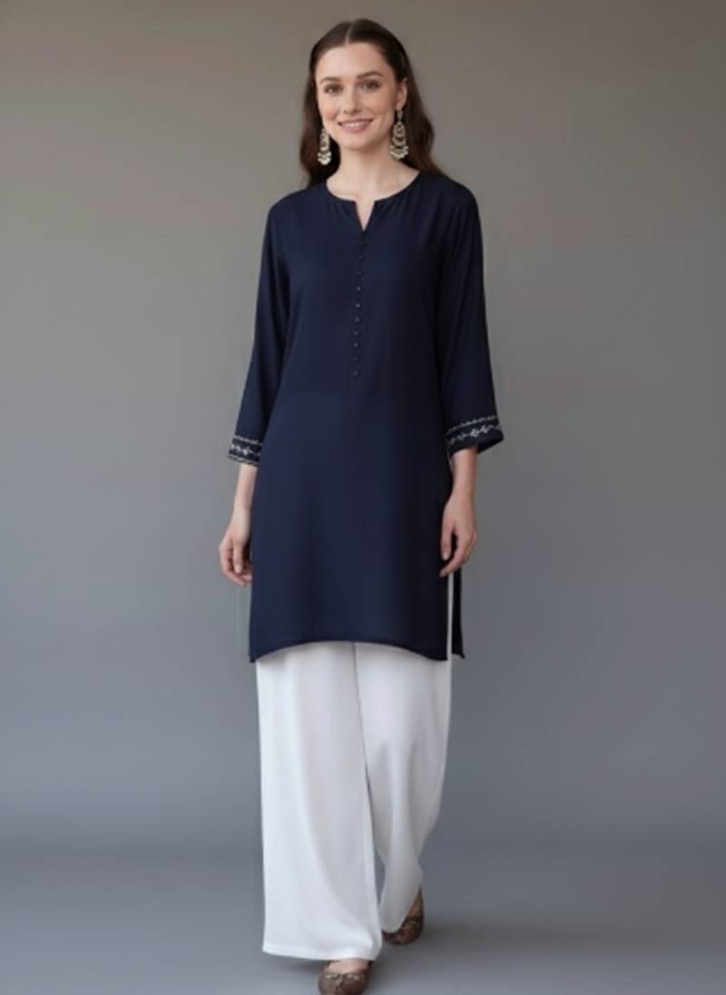 Navy embroidered rayon kurta set