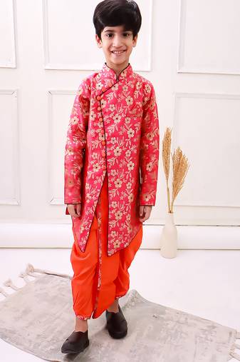 brocade fullsleeves embellished  kurta with dhoti - red & orange