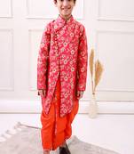 brocade fullsleeves embellished  kurta with dhoti - red & orange