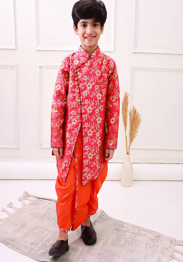 brocade fullsleeves embellished  kurta with dhoti - red & orange