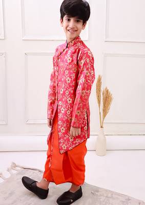 brocade fullsleeves embellished  kurta with dhoti - red & orange 3
