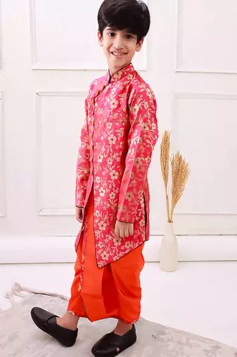 brocade fullsleeves embellished  kurta with dhoti - red & orange