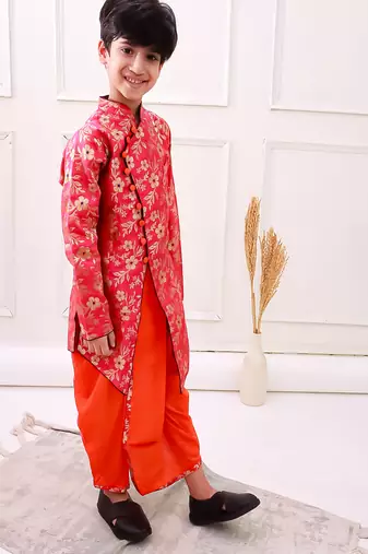brocade fullsleeves embellished  kurta with dhoti - red & orange