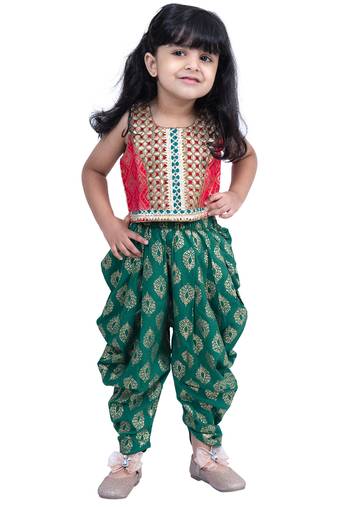 brocade sleeveless embellished top with dhoti - red & green