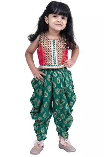 brocade sleeveless embellished top with dhoti - red & green
