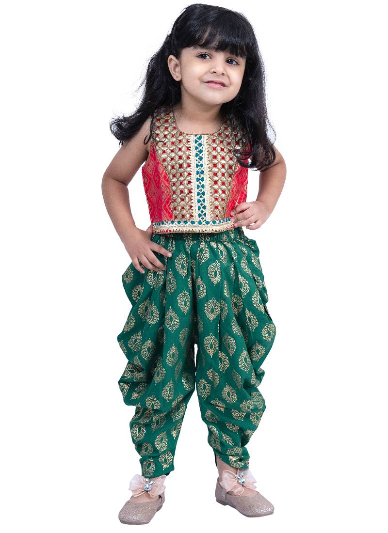 brocade sleeveless embellished top with dhoti - red & green