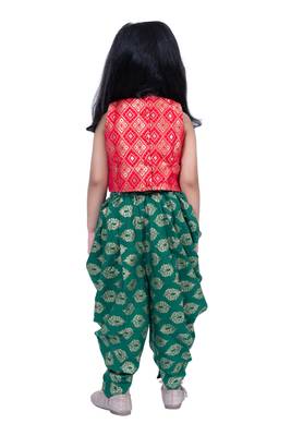 brocade sleeveless embellished top with dhoti - red & green 2