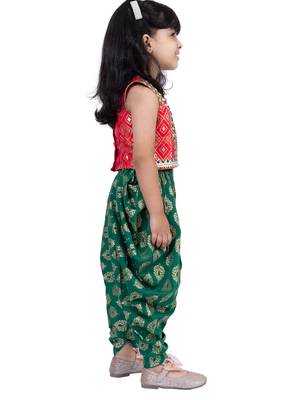 brocade sleeveless embellished top with dhoti - red & green 3