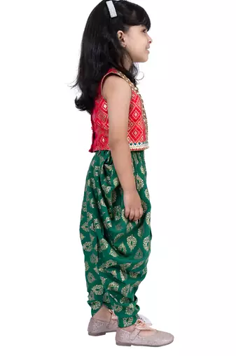 brocade sleeveless embellished top with dhoti - red & green