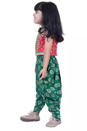 brocade sleeveless embellished top with dhoti - red & green